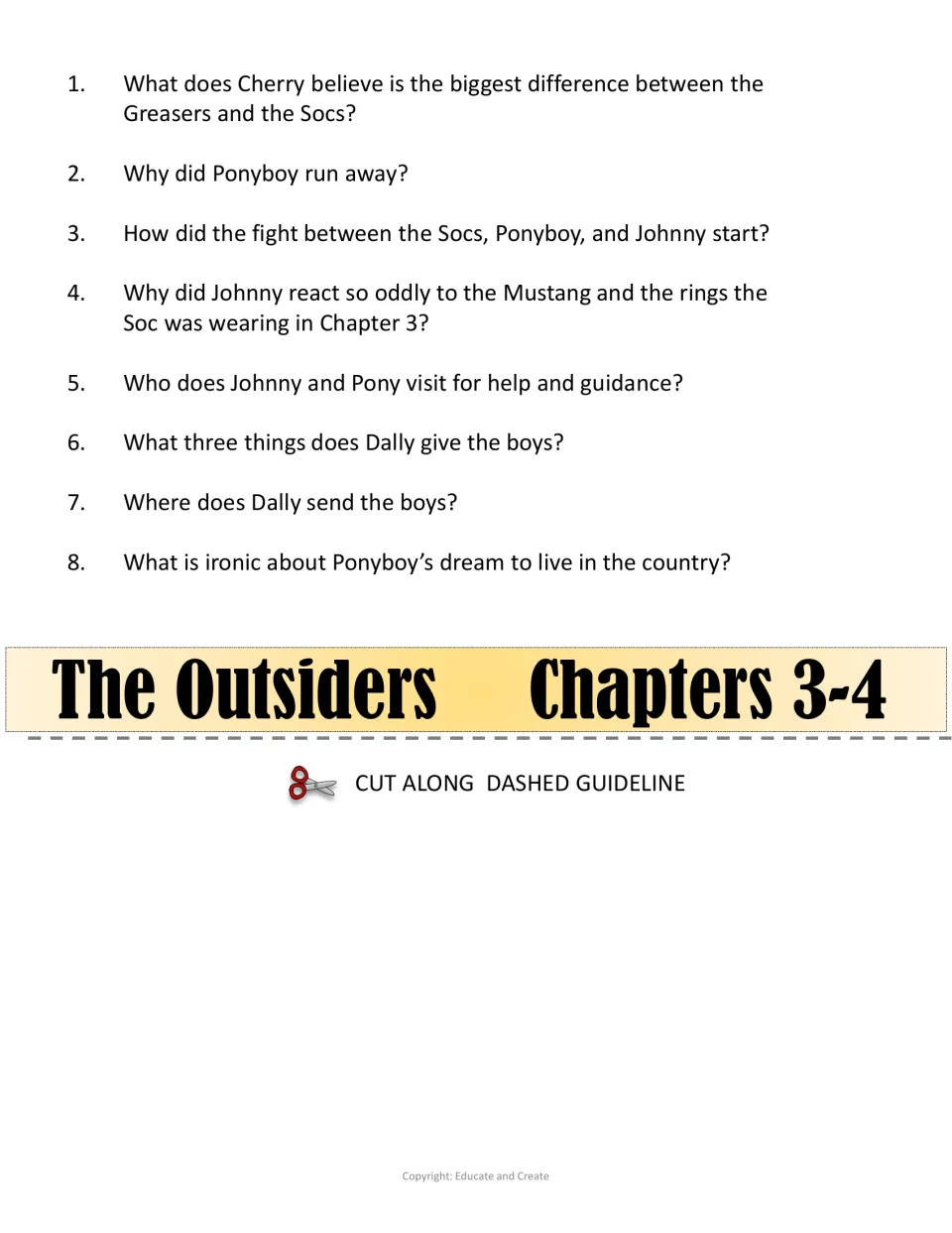 Chapters 3-4 flip book layer: 8 questions on Cherry's view of the gangs, why Ponyboy runs away, the fight and Dally's help