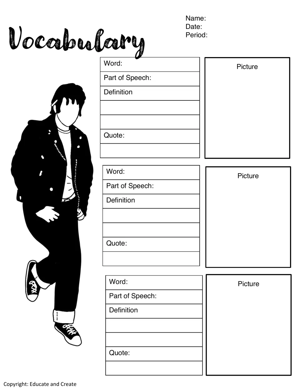 Vocabulary organizer: for three words, students record part of speech, definition and a quote, then sketch each word