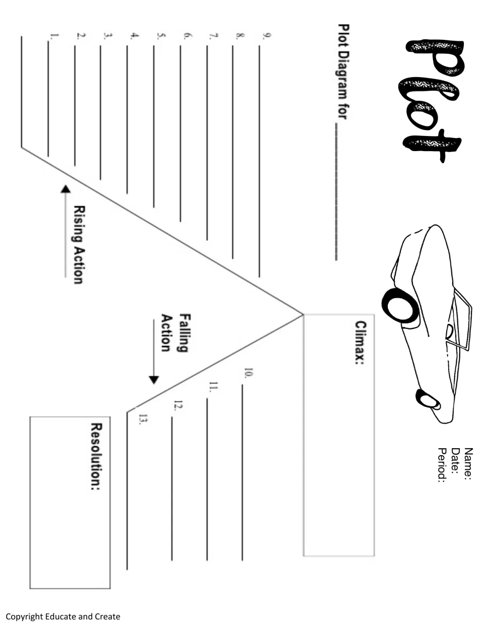 Plot diagram: students list 13 story events along rising and falling action and note the climax and the resolution