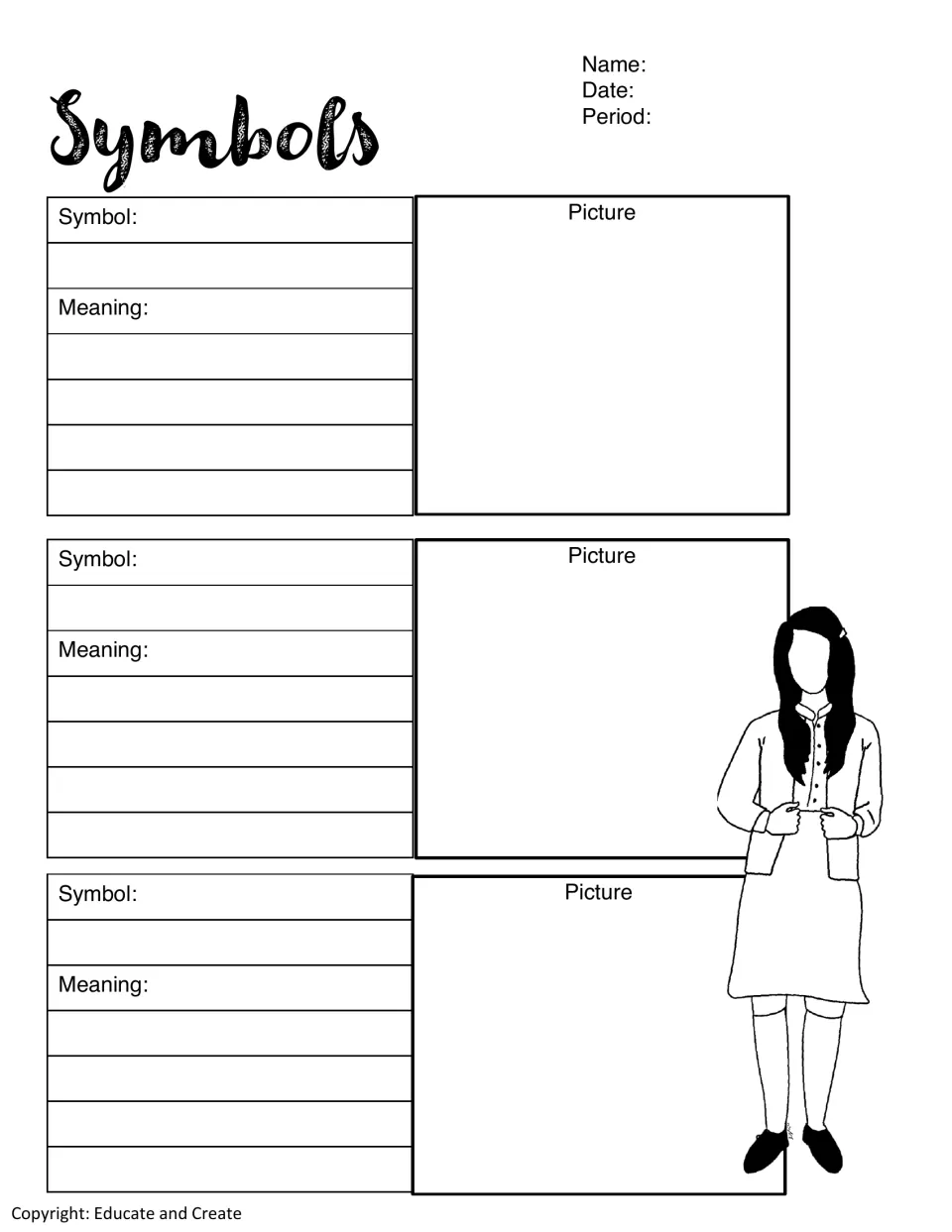Symbols organizer: students name three symbols from the novel, explain what each means and draw a picture of each one