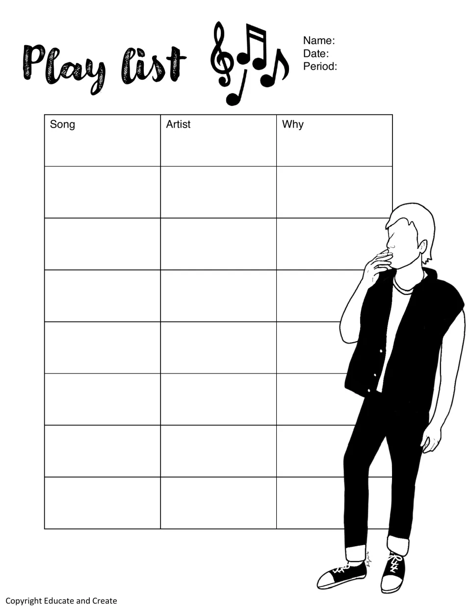 Play list chart: students choose songs that fit the story, listing each song, its artist and why they picked it