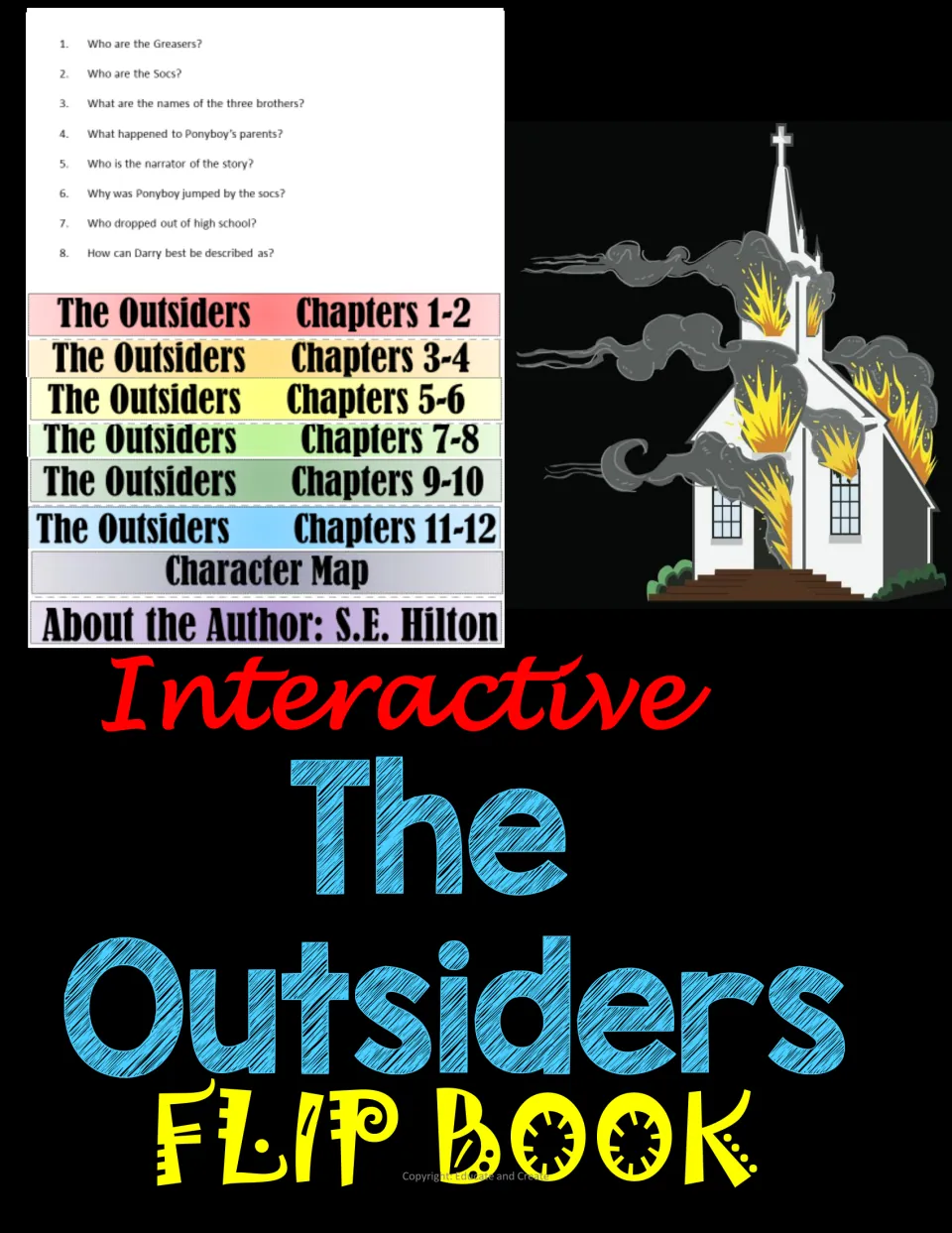 Interactive Outsiders flip book cover: tabs for chapters 1-2 to 11-12, a character map and an author page