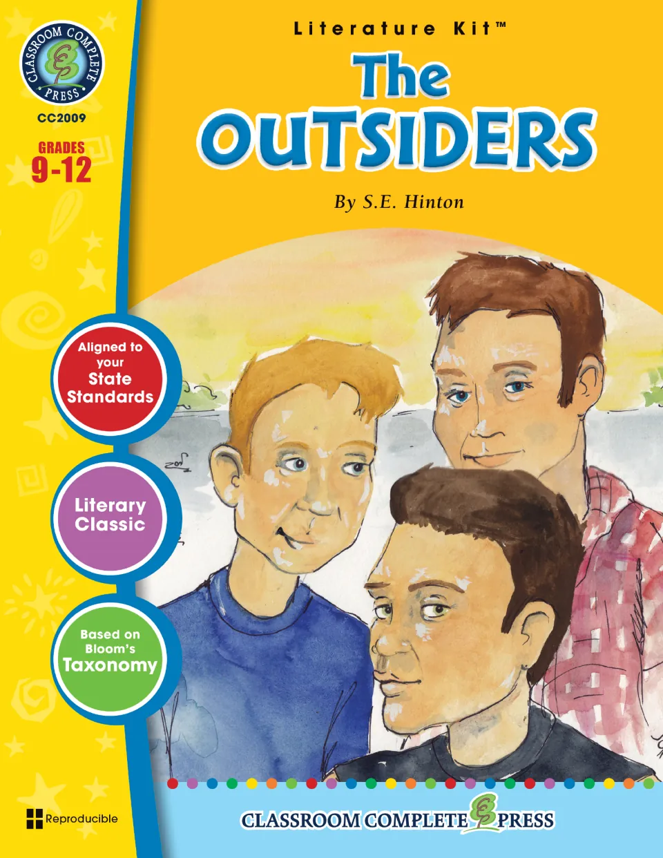 Literature Kit cover for The Outsiders by S.E. Hinton, Grades 9-12, with a watercolor painting of three teenage boys