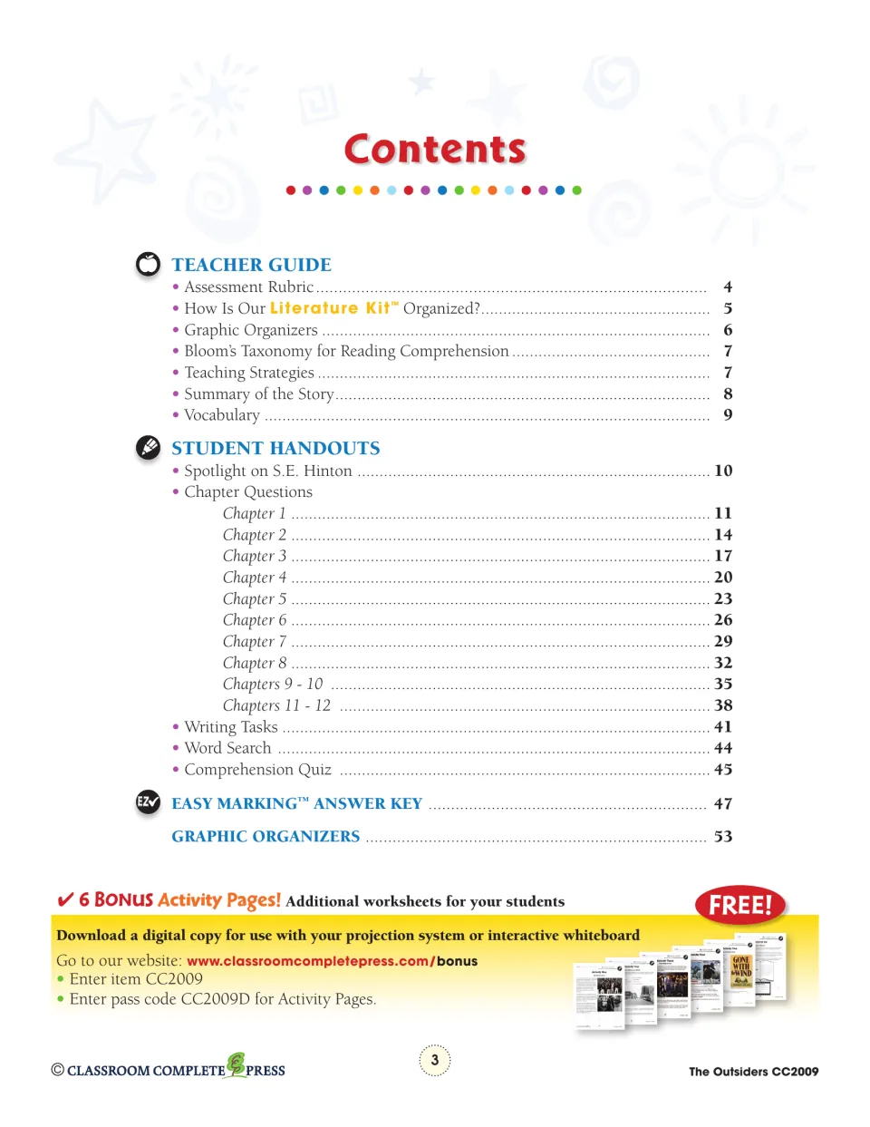 Contents listing teacher guide, S.E. Hinton spotlight, chapter questions, writing tasks, word search, quiz and answer key