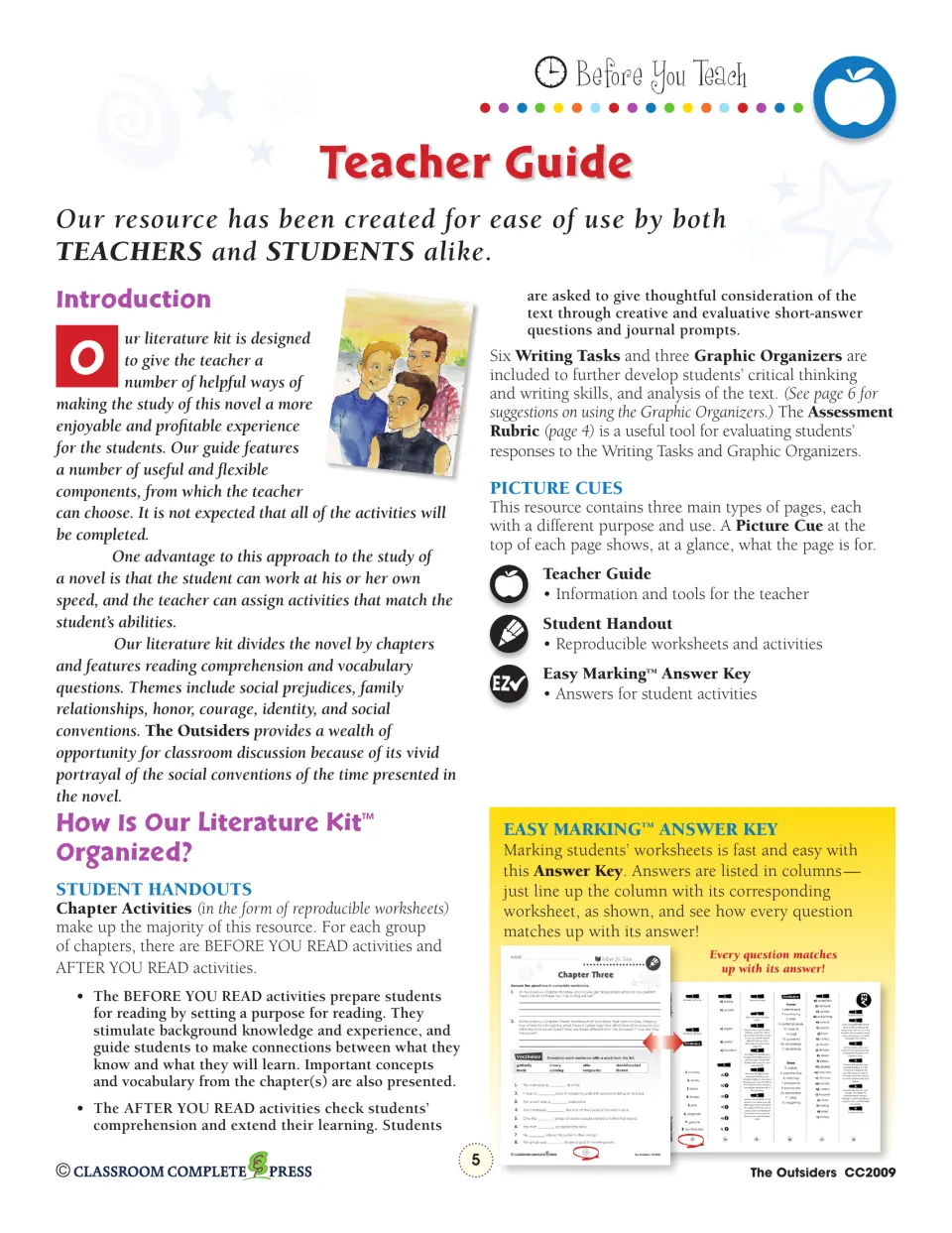 Teacher guide introduction explaining before and after you read activities, picture cues and the Easy Marking answer key