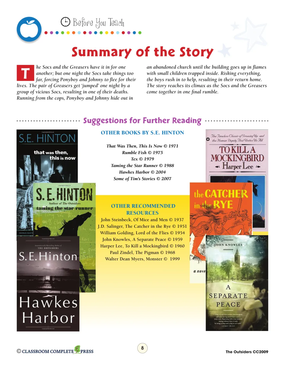 Story summary of the Socs and Greasers conflict, plus further reading: other S.E. Hinton books and recommended novels