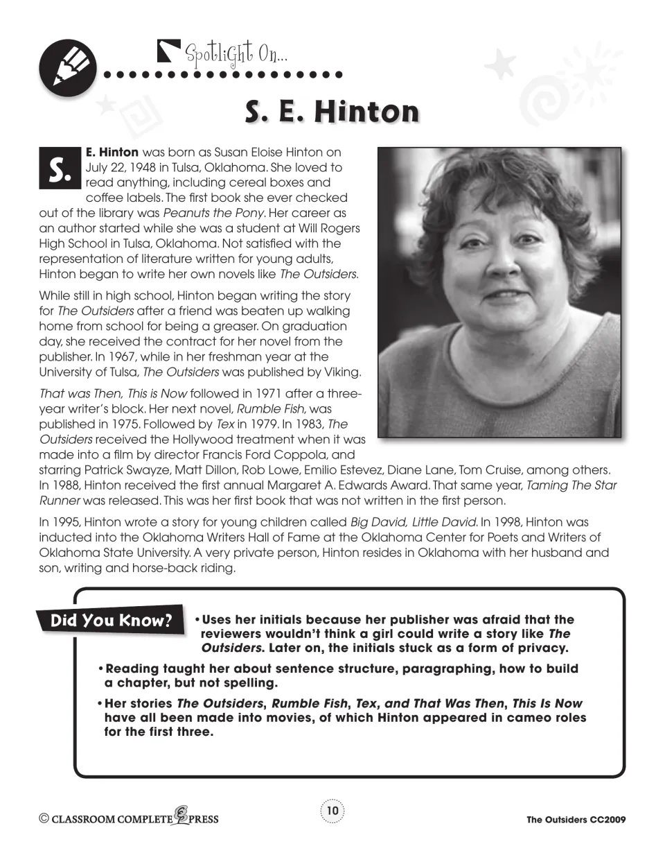 Author spotlight on S.E. Hinton: biography with photo, early writing in Tulsa, later novels and Did You Know facts