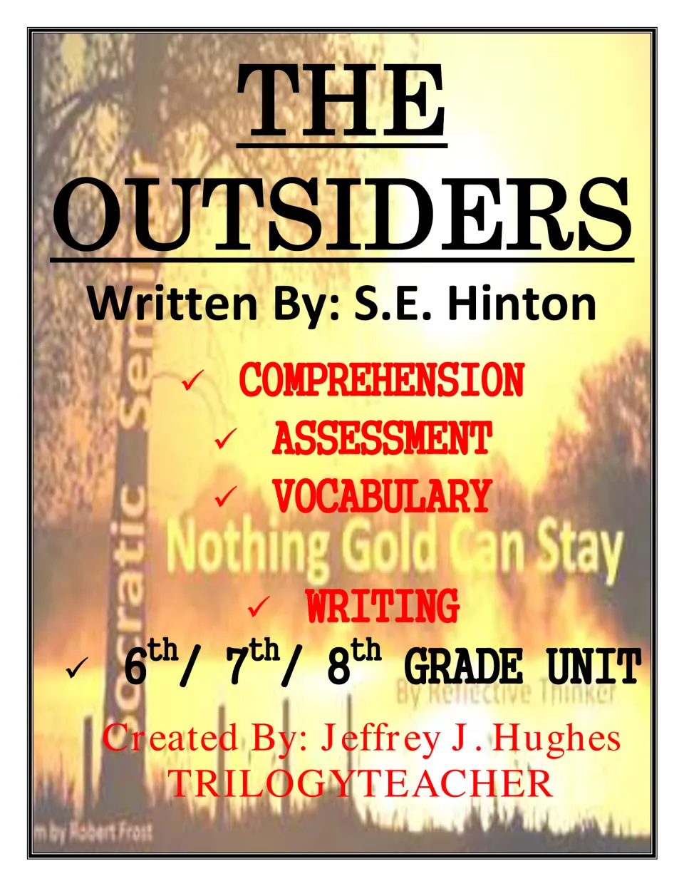 Cover: The Outsiders by S.E. Hinton novel unit listing comprehension, assessment, vocabulary and writing sections
