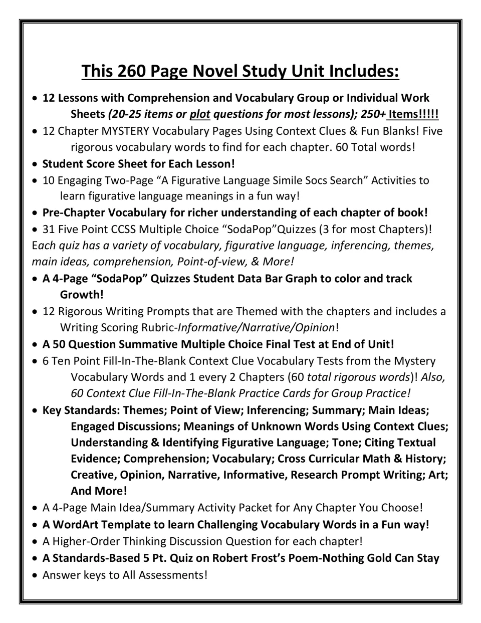 Contents overview listing 12 chapter lessons, SodaPop quizzes, mystery vocabulary, writing prompts and a 50-question final