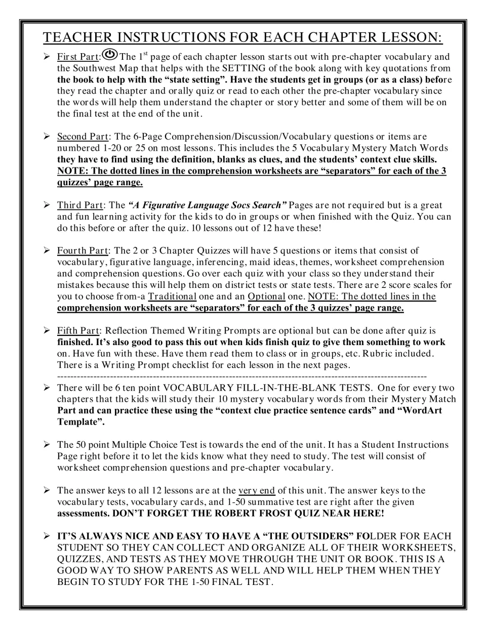 Teacher instructions for each chapter lesson: pre-chapter vocabulary, comprehension packet, simile search, quizzes, prompts