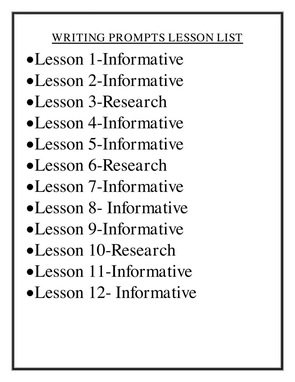 Writing prompts lesson list naming lessons 1 to 12 as informative or research, with research in lessons 3, 6 and 10