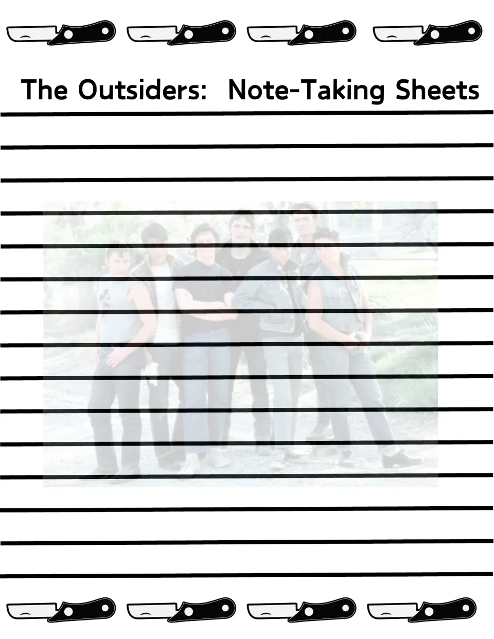 Note-taking sheet 3 for The Outsiders: students write notes over a faded group photo of teens posed outdoors