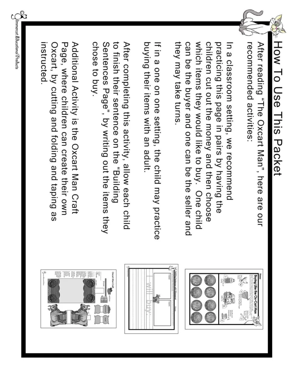 Packet directions explain buyer and seller roles, writing chosen purchases, and cutting and folding an oxcart