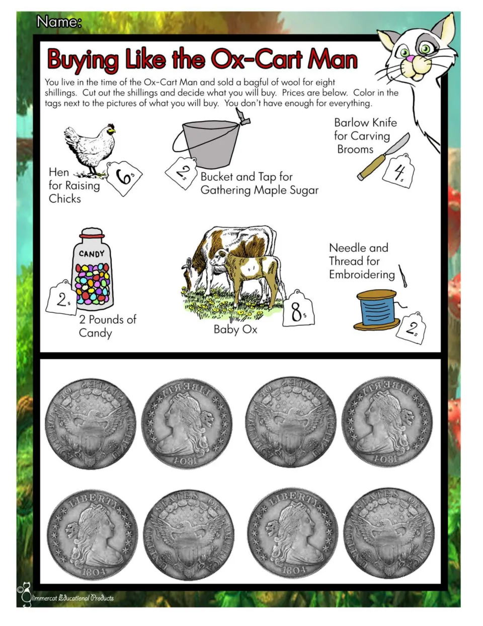 Color shopping activity asks children to spend eight shillings on choices including a hen, candy, and a baby ox