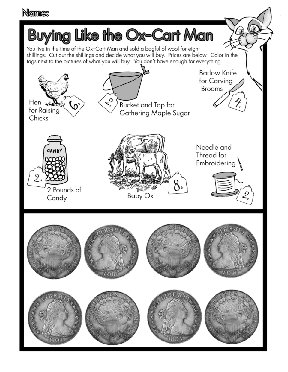 Black-and-white shopping activity provides eight shillings and six choices, with prices from two to eight shillings
