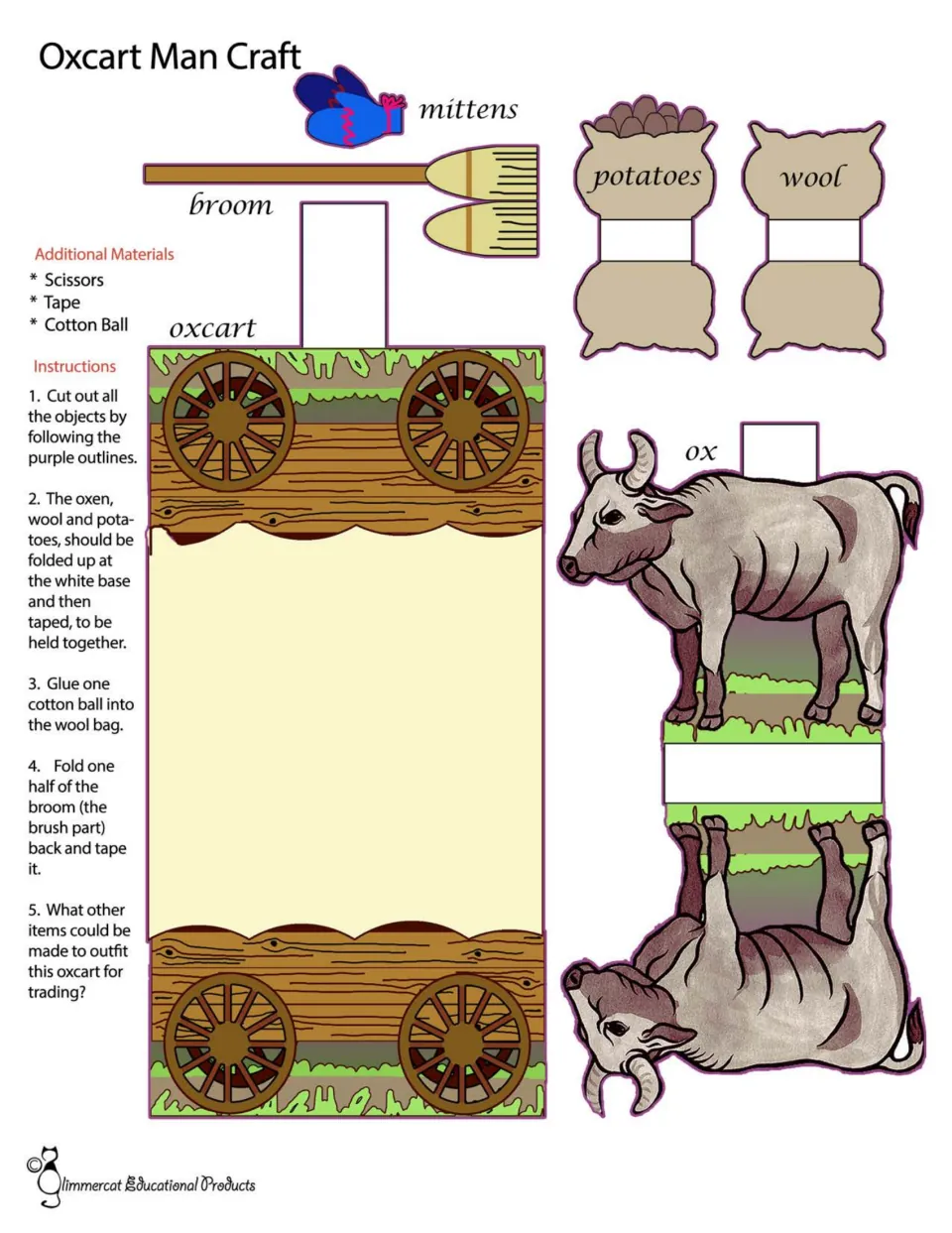 Color oxcart craft includes cutouts of an ox, cart, mittens, broom, potatoes, and wool, plus assembly directions
