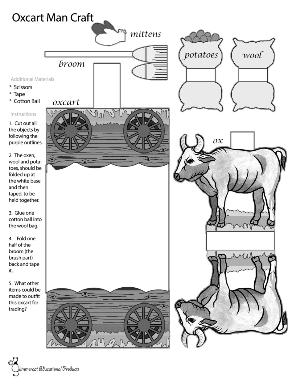 Black-and-white oxcart craft includes an ox, cart, mittens, broom, potatoes, and wool to cut out and assemble