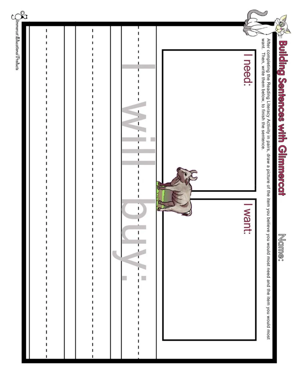 Color sentence-building activity asks children to draw what they need and want, then complete “I will buy:”