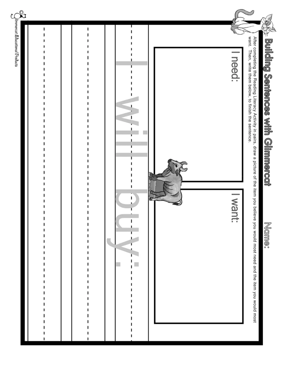 Black-and-white sentence activity uses “I need:” and “I want:” drawing prompts and the starter “I will buy:”