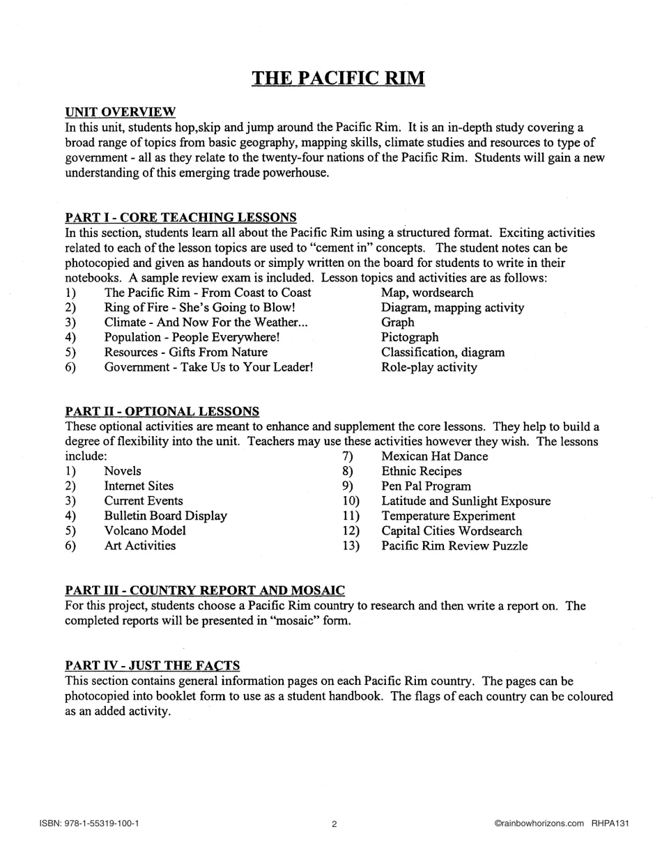 Unit overview listing six core lessons, 13 optional lessons, a country report and mosaic, and country facts