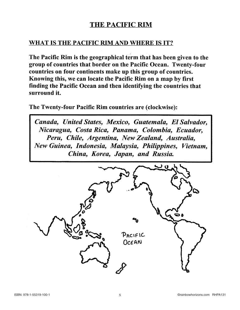 Lesson 1 reading defining the Pacific Rim, listing the unit's 24 countries, and showing a Pacific Ocean map