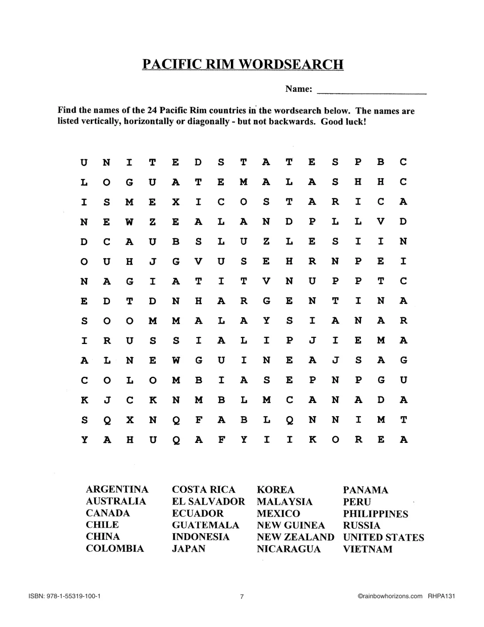 Lesson 1 word search asking students to find 24 Pacific Rim country names vertically, horizontally or diagonally