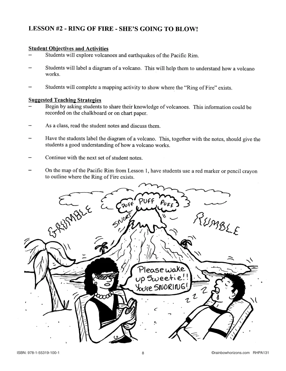 Lesson 2 teaching guide for exploring volcanoes and earthquakes, labeling a volcano, and mapping the Ring of Fire