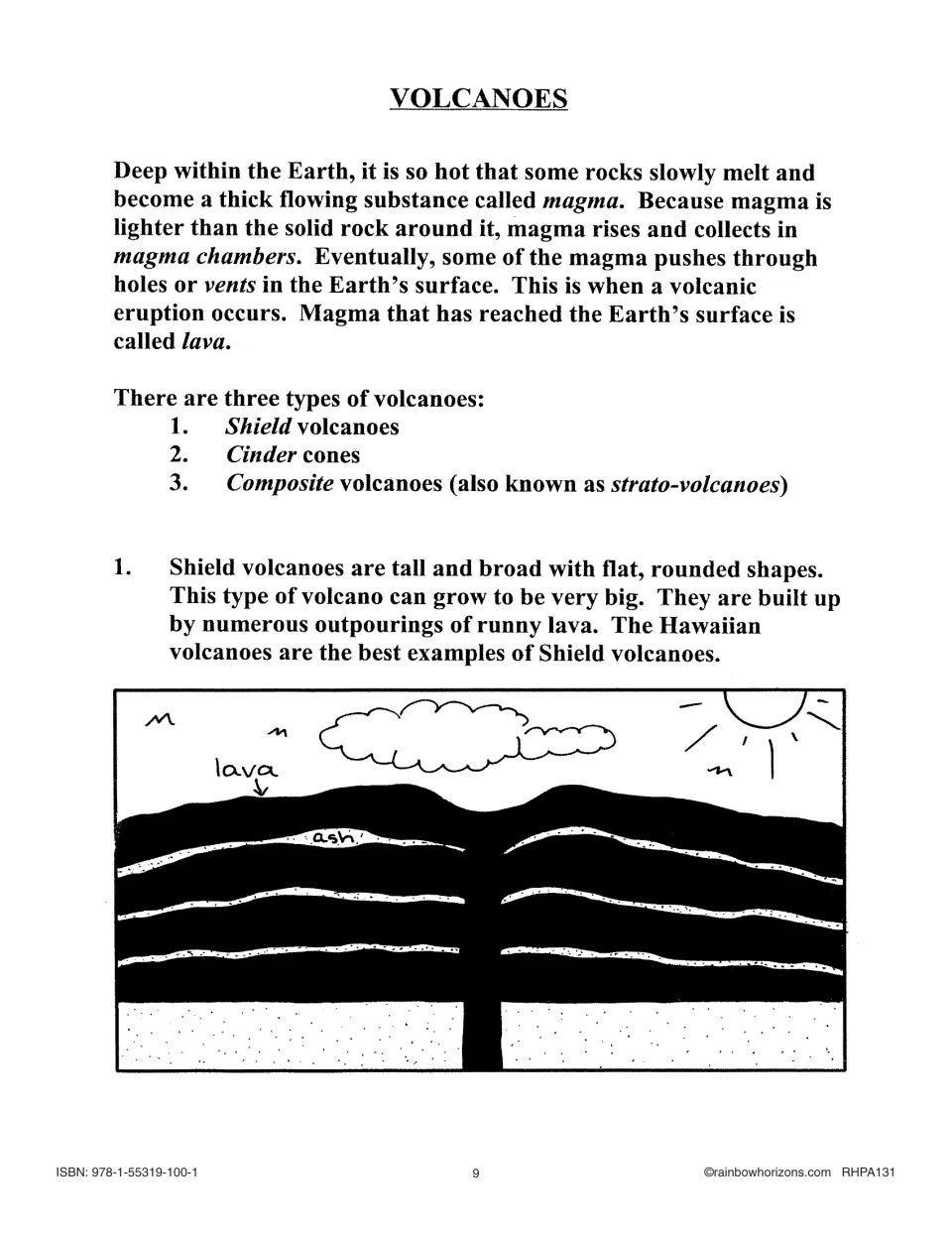 Lesson 2 reading explaining magma, lava and eruptions, naming three volcano types, and illustrating shield volcanoes
