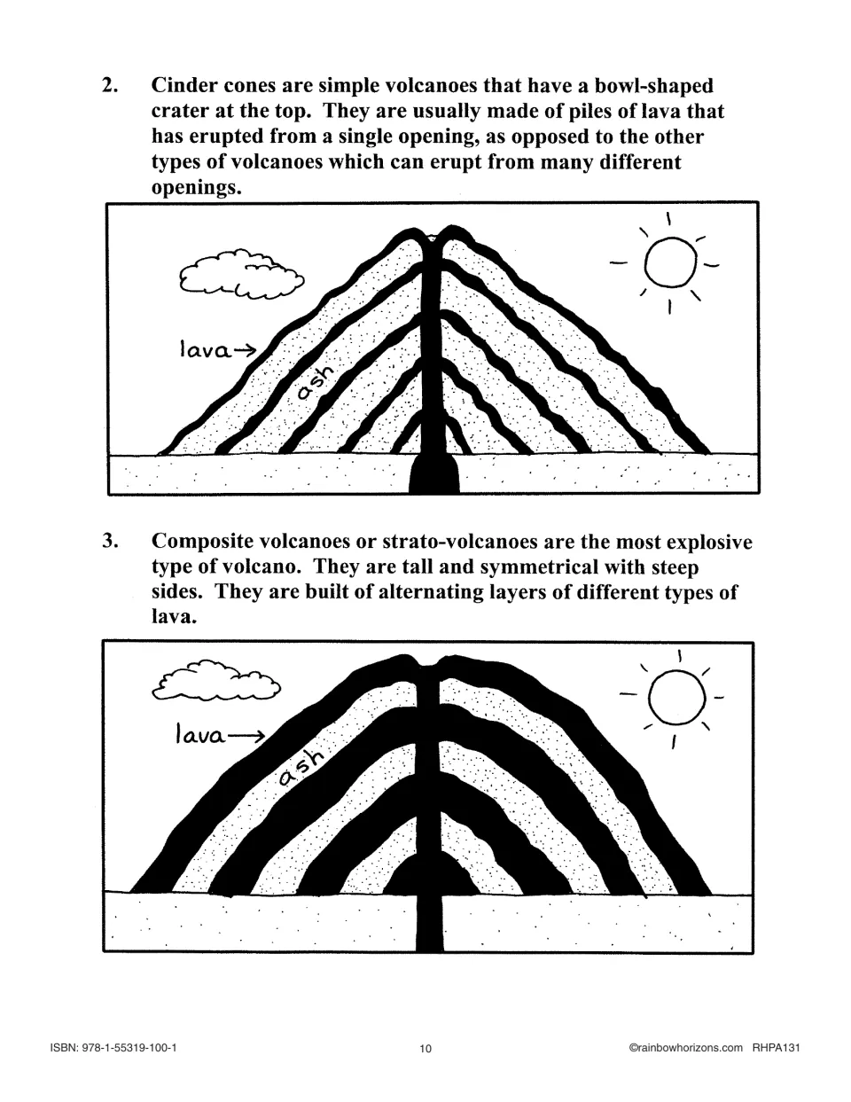 Lesson 2 reading continuation describing cinder cones and composite volcanoes, with diagrams labeled lava and ash