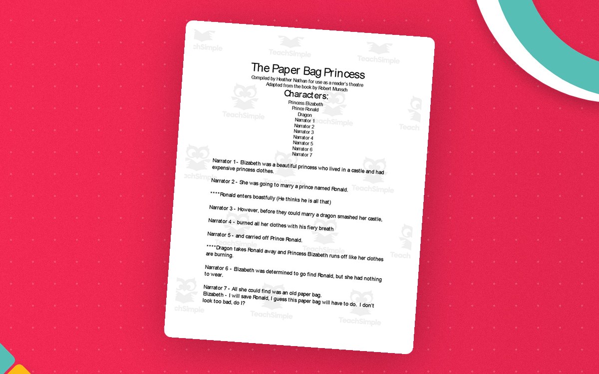 The Paper Bag Princess reader's-theatre script page listing Princess Elizabeth, Prince Ronald, Dragon, and seven narrator roles.