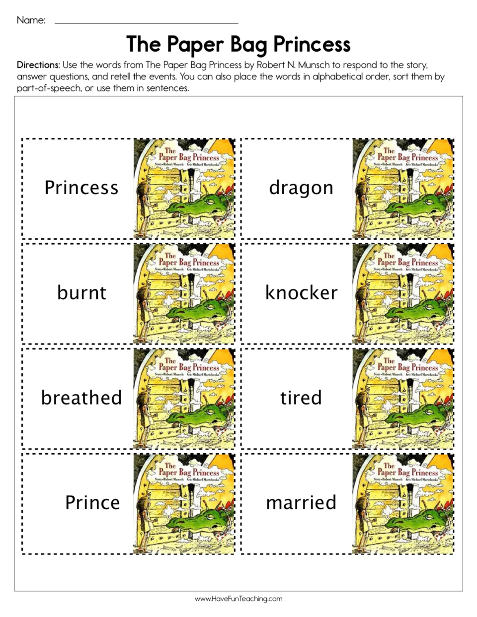 Story vocabulary cards: Princess, dragon, burnt, knocker, breathed, tired, Prince, and married