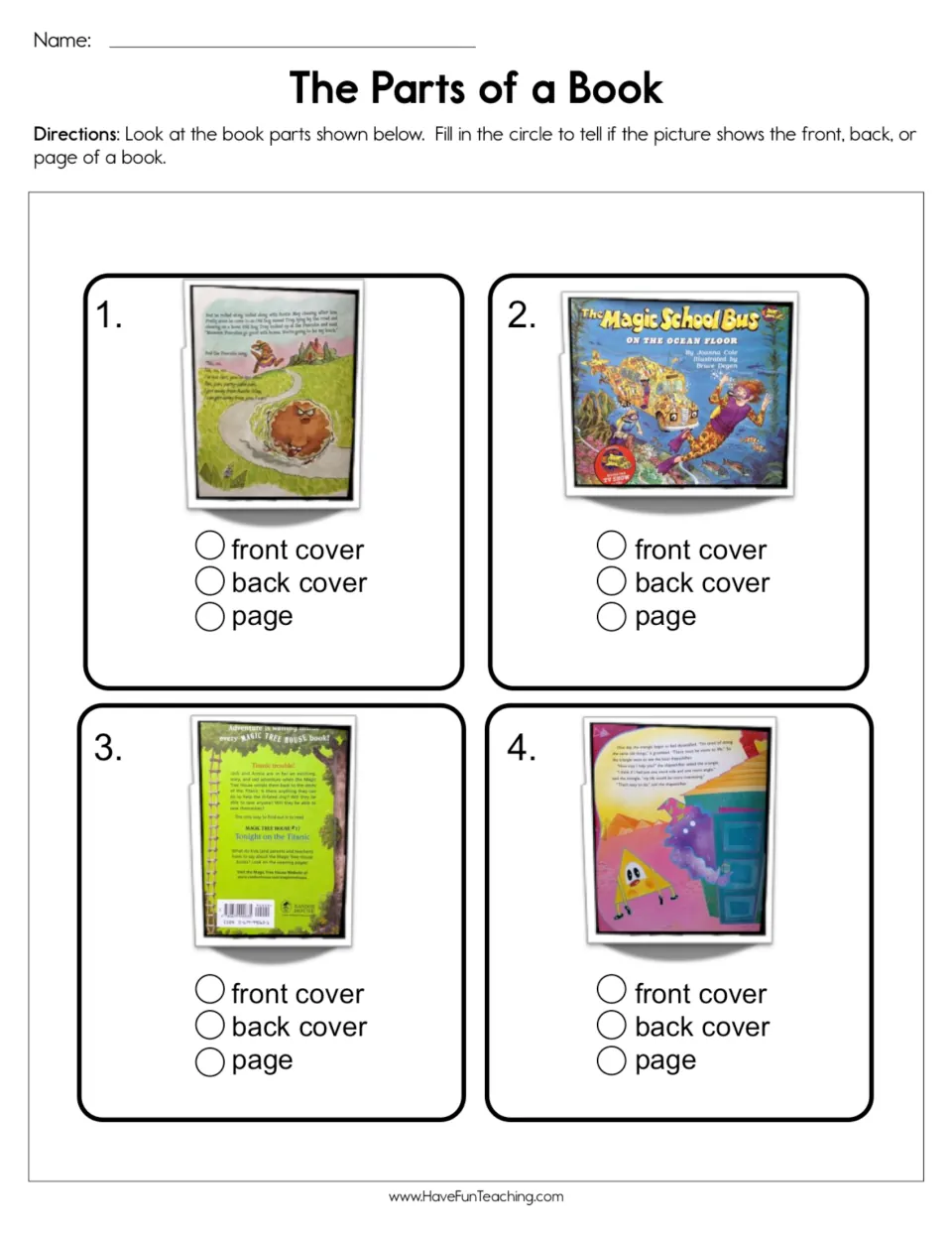 Book parts identification worksheet: four pictures to label as front cover, back cover, or page.