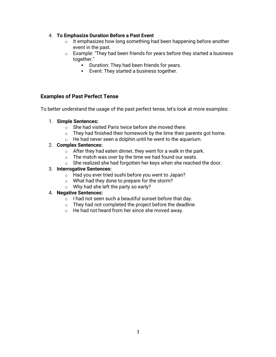 Past perfect examples: duration before a past event, then model simple, complex, question and negative sentences
