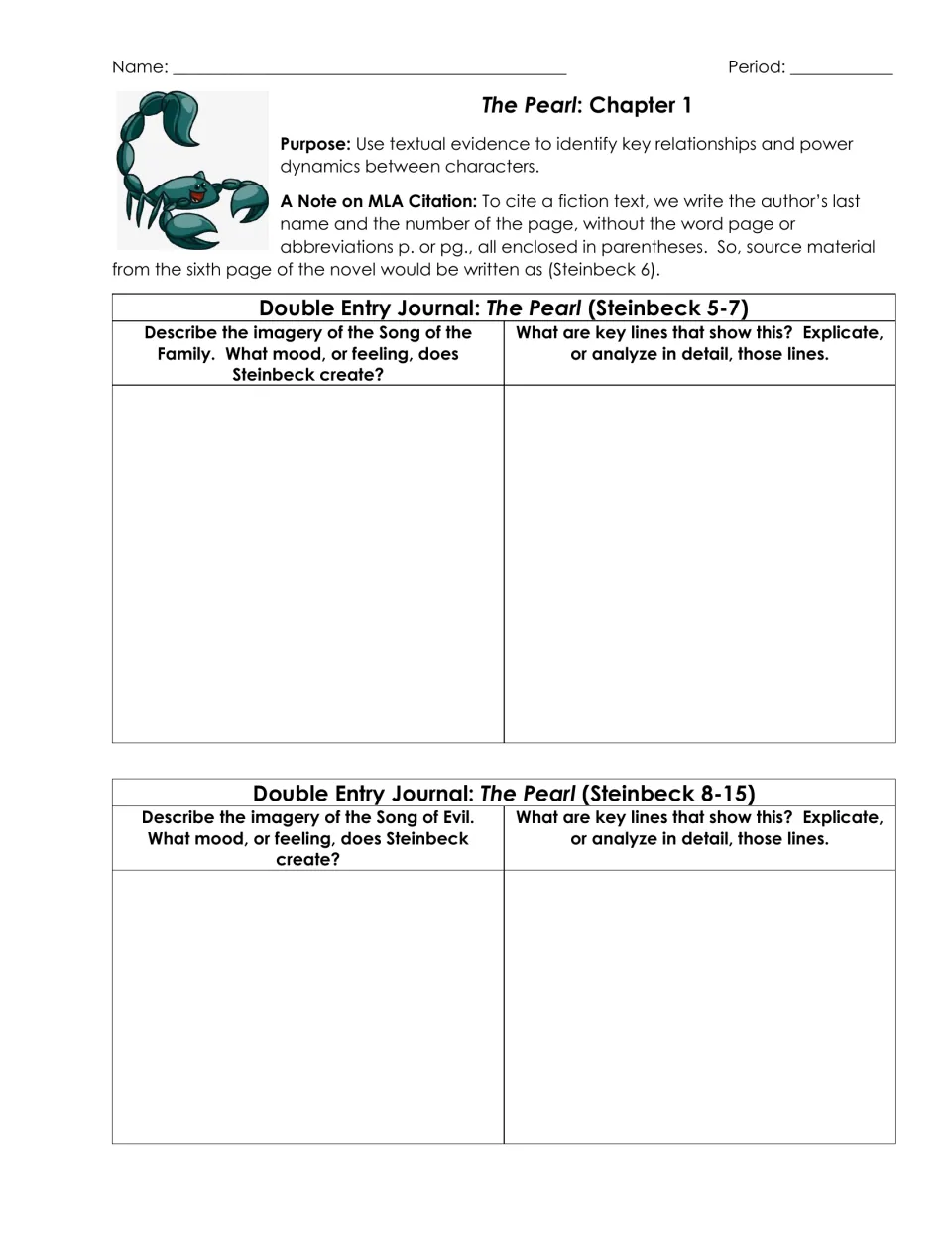 The Pearl ch. 1 imagery: students describe the mood of the Song of the Family and Song of Evil, then explicate key lines