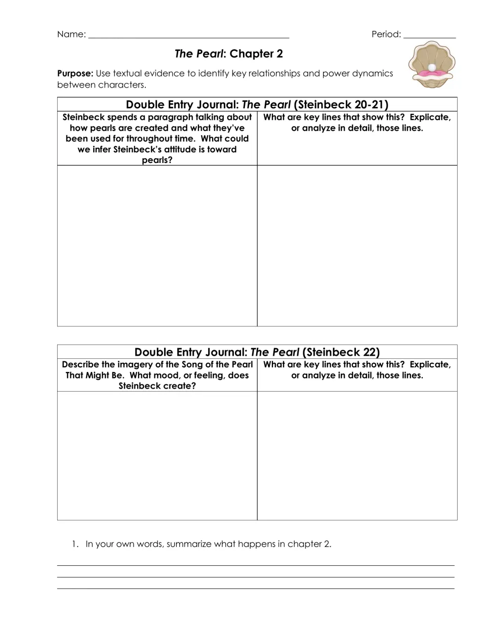 The Pearl chapter 2 journals: students infer Steinbeck's attitude toward pearls, analyze Song of the Pearl imagery