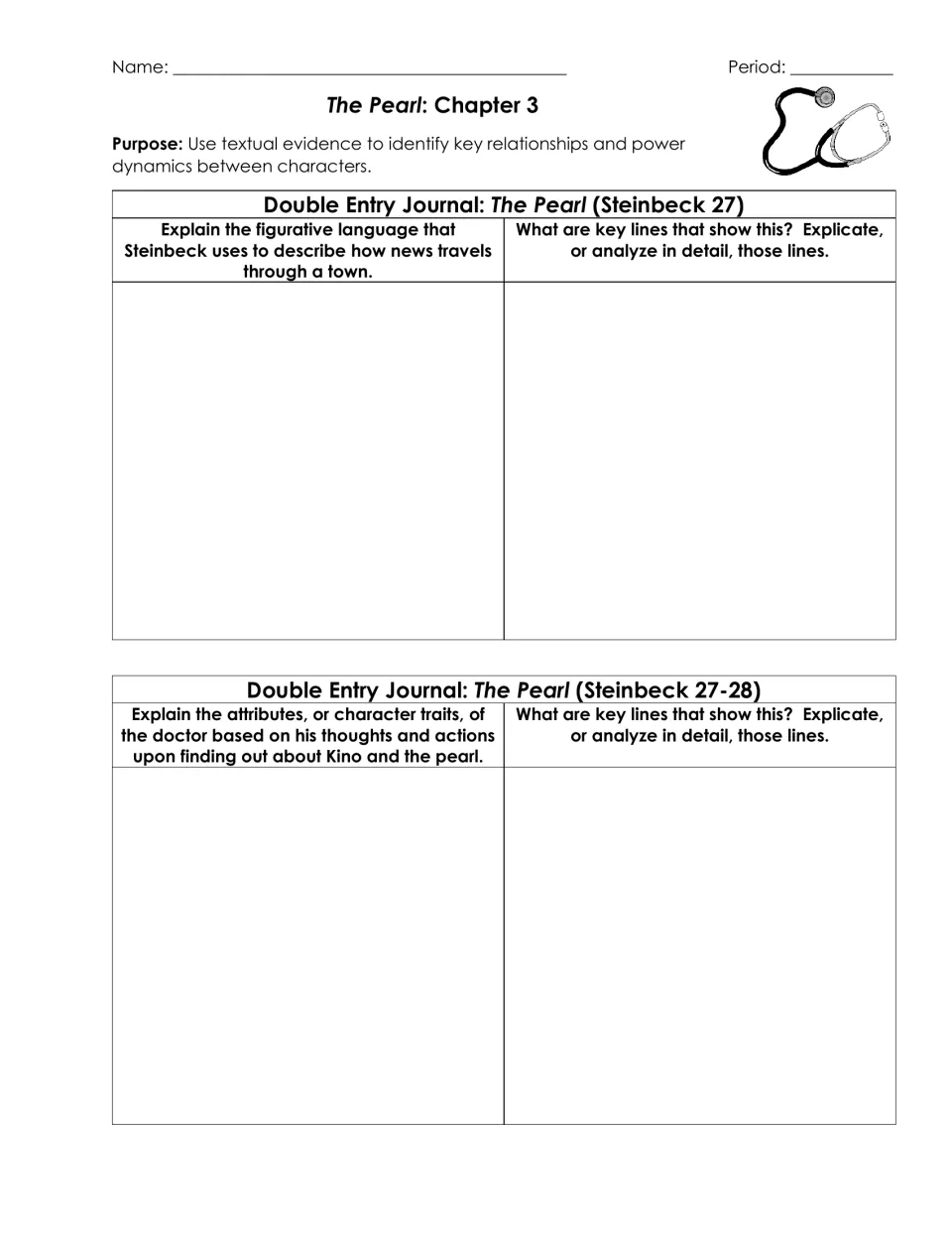 The Pearl chapter 3 journals: students explain Steinbeck's figurative language for spreading news and the doctor's traits