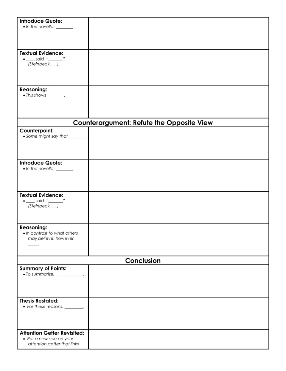Outline continued: students finish body paragraph 2, refute the opposite view with a quote, and plan the conclusion
