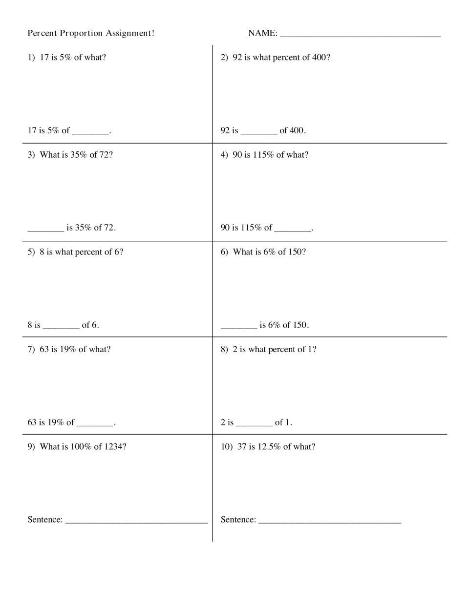 Percent proportion assignment: students solve 10 problems like 17 is 5% of what, then fill in the answer sentence