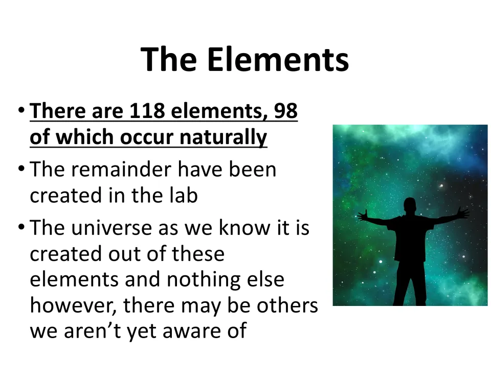 The Elements: students note there are 118 elements, 98 occurring naturally and the rest created in the lab