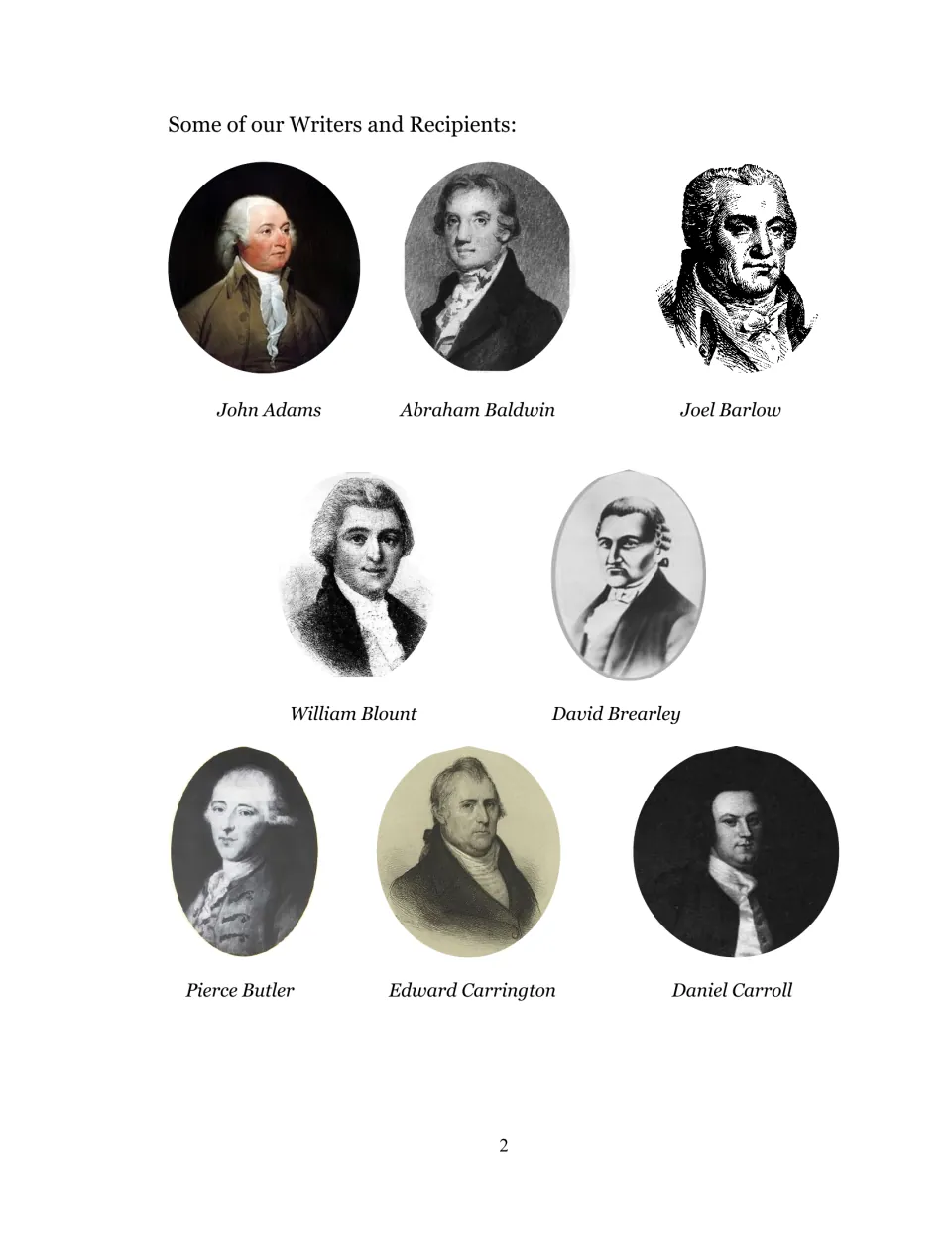 Writers and recipients portrait section 1: John Adams, Abraham Baldwin, Joel Barlow, and five more