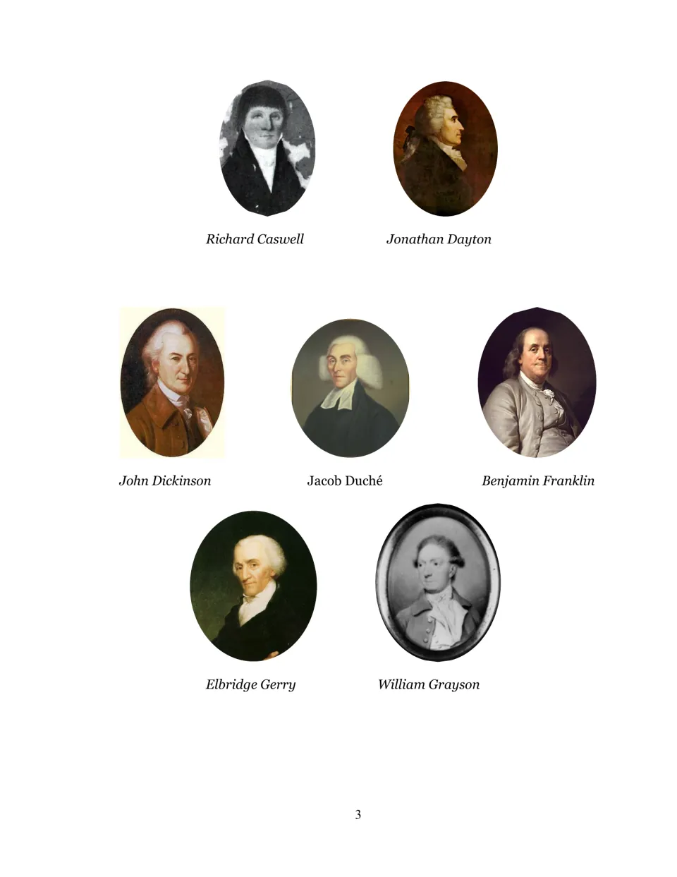 Writers and recipients portrait section 2: Richard Caswell, Jonathan Dayton, John Dickinson, and four more