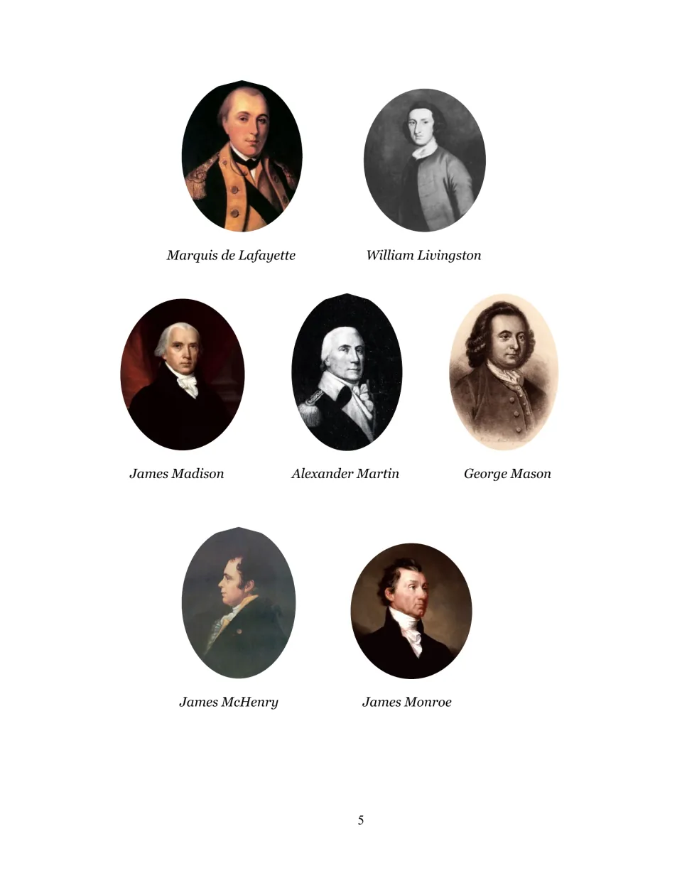 Writers and recipients portrait section 4: Marquis de Lafayette, William Livingston, and five more
