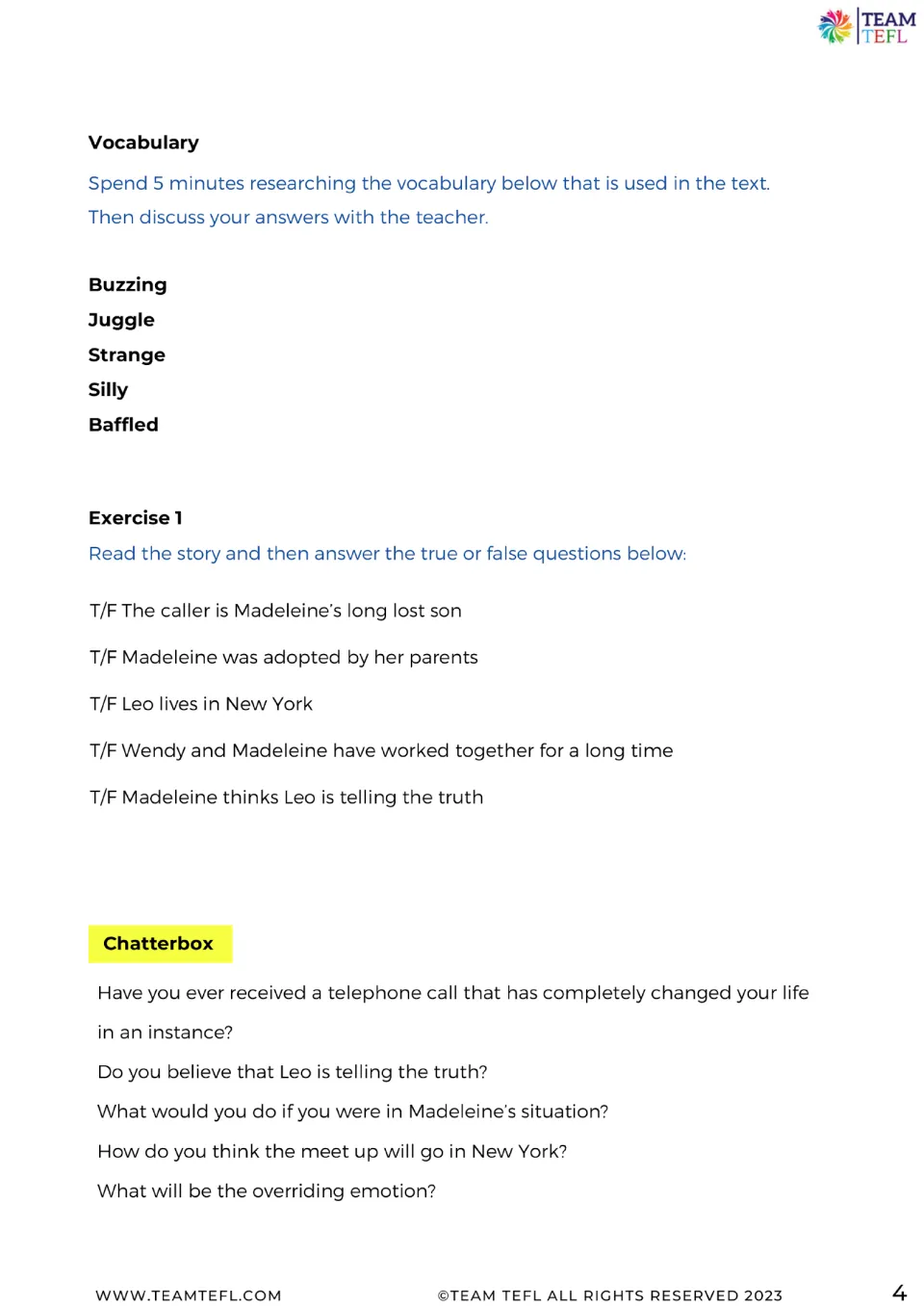 Follow-up exercises: five vocabulary words, five true-or-false statements, and discussion of Madeleine's situation.
