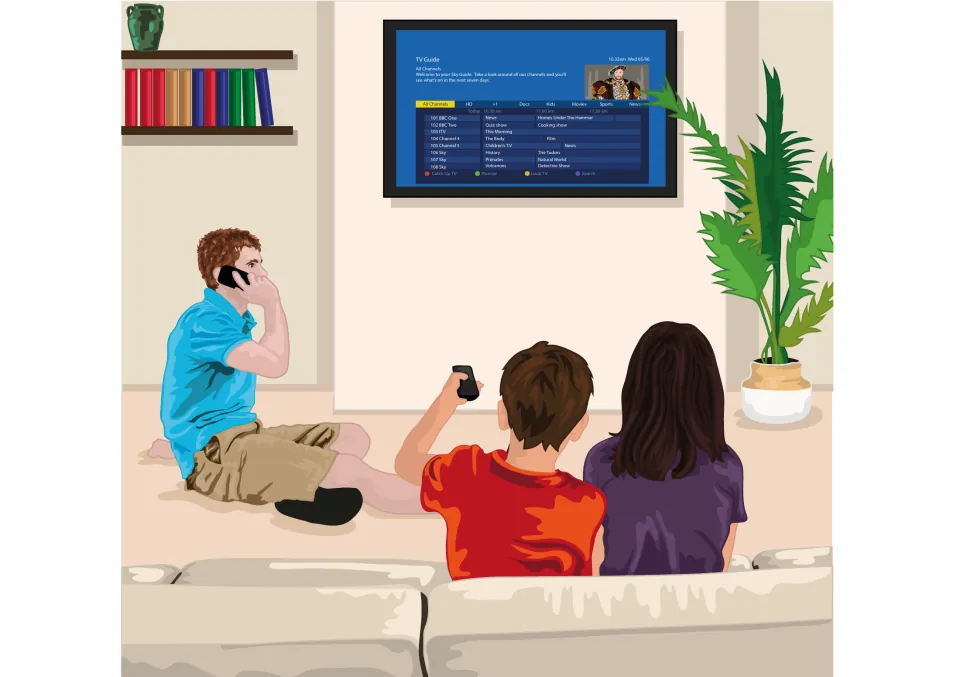 Story scene: one boy talks on a phone while two children on a sofa watch a TV guide screen in a living room