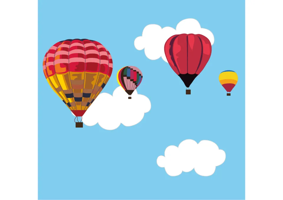 Story illustration: four colourful hot air balloons drifting among white clouds in a blue sky, the photo Sam shows