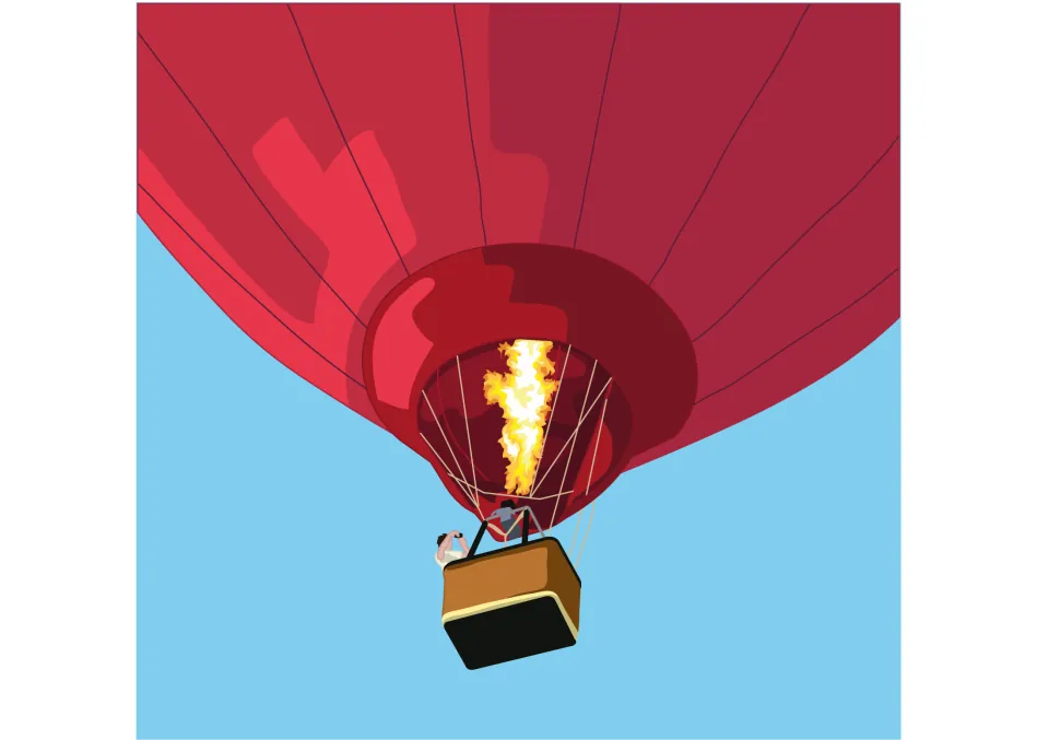 Story illustration: view from below a red hot air balloon with the burner flame lit above a basket carrying people