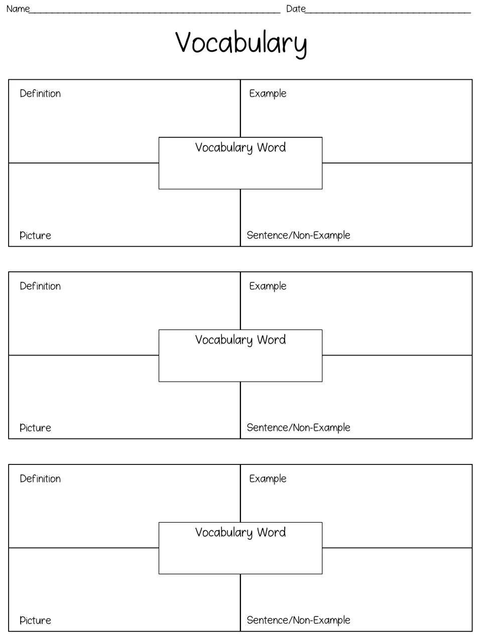 Vocabulary practice for three story words using definitions, examples, pictures, and sentences or non-examples.
