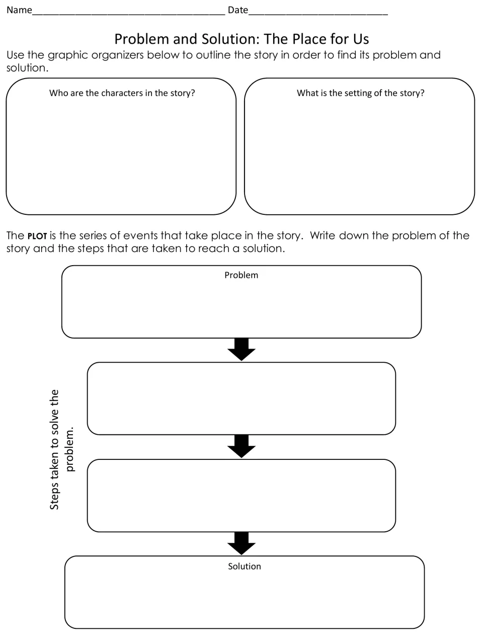 Story organizer identifying characters, setting, problem, steps taken, and solution in the reading passage.
