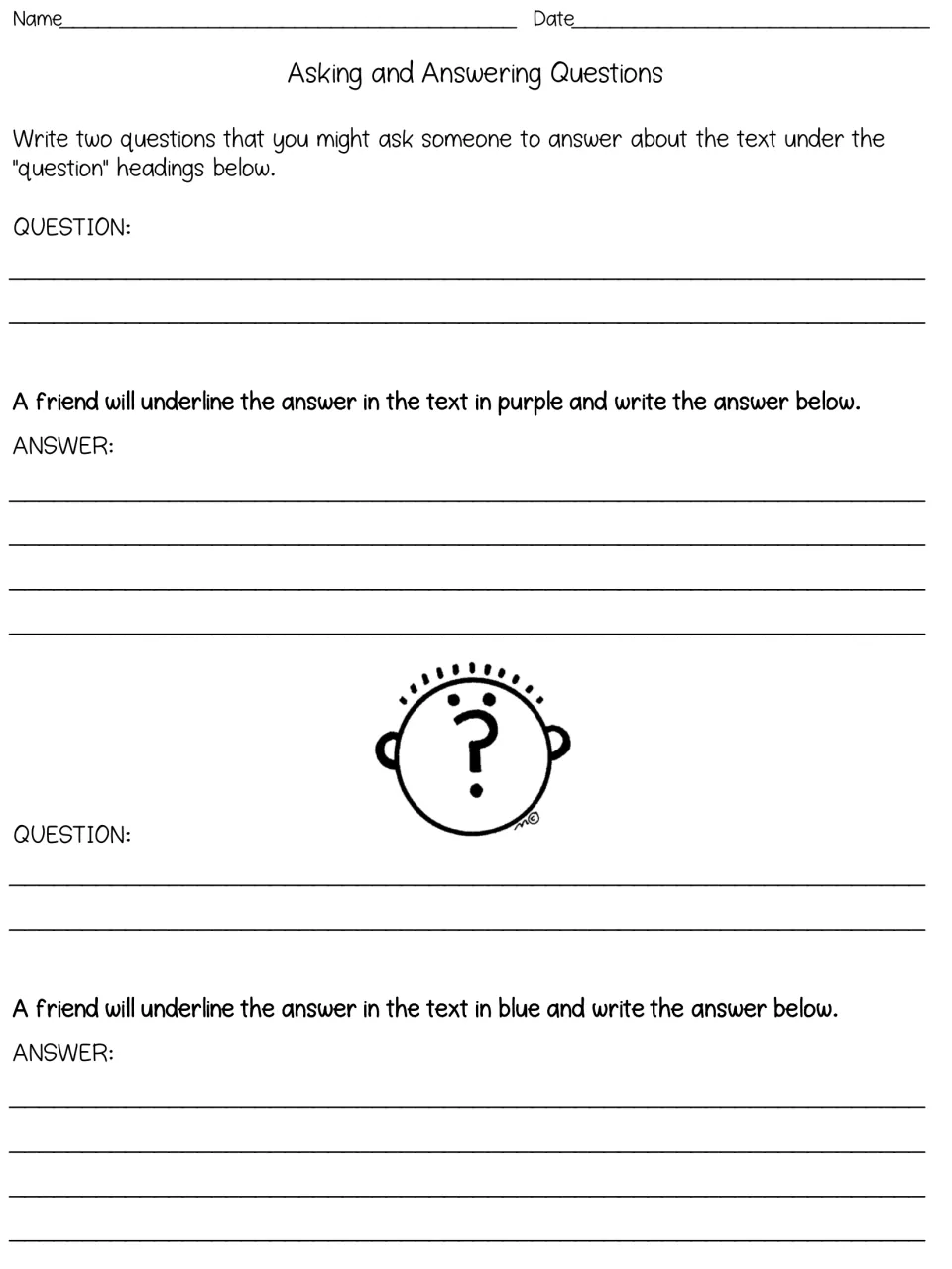 Question-writing activity asking students to write two text questions for a friend to answer using evidence.
