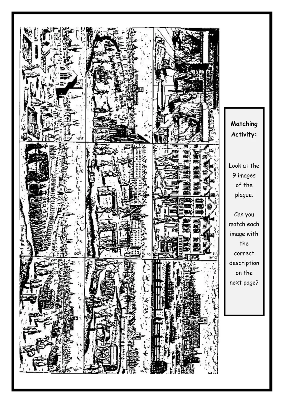 Great Plague matching activity: students study 9 old engravings of plague scenes and match each to its description